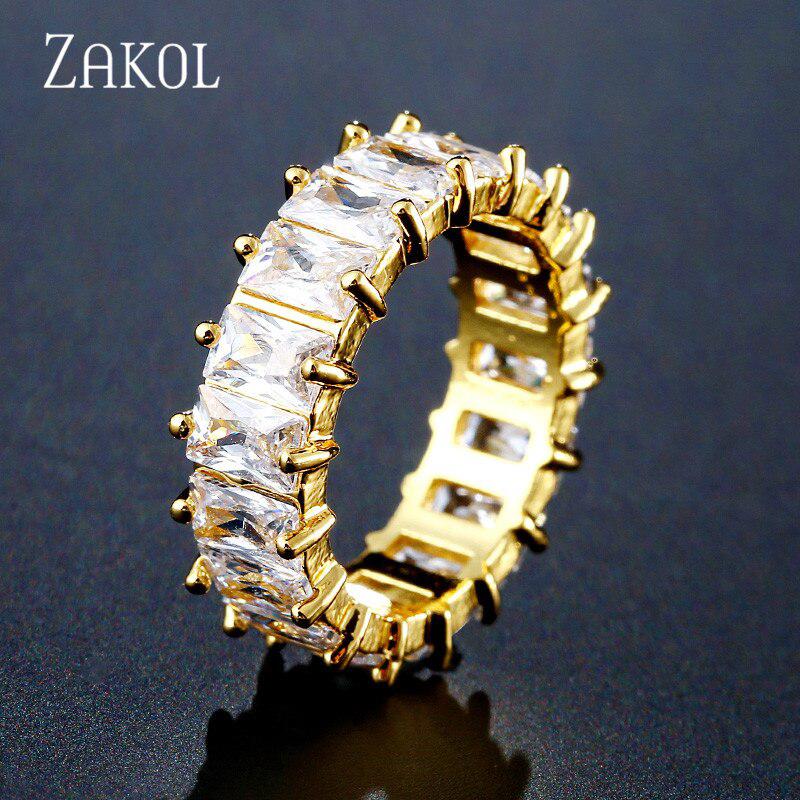 ZAKOL Fashion Multicolor AAA Baguette Cubic Zirconia Wedding Finger Rings for Women | Luxury T-Shape Stone Party Jewelry